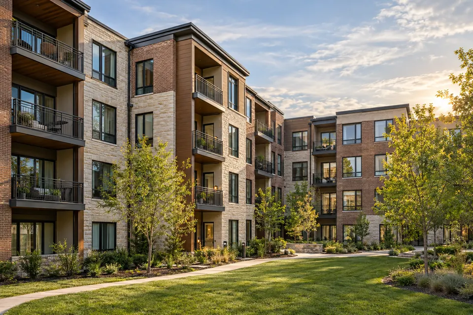 Multi-story apartment community with landscaped grounds