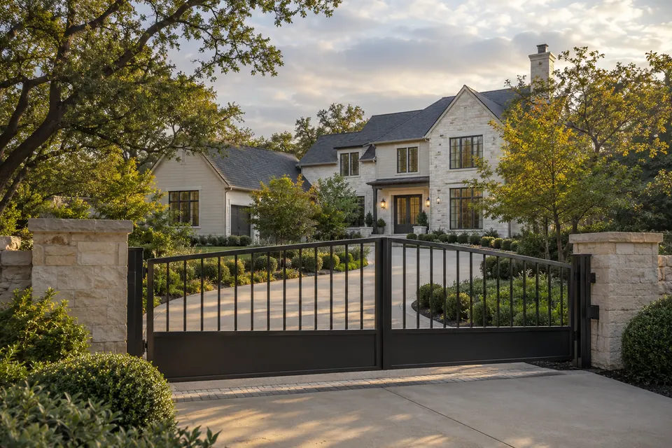 Private estate with a black iron driveway gate at dusk